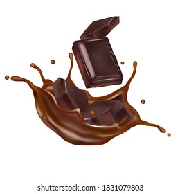 Chocolate splashing in the middle isolated on white background, Vector realistic in 3d illustration.