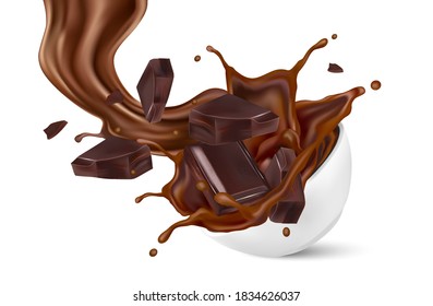 Chocolate splashing in the middle isolated on white background, Vector realistic in 3d illustration.