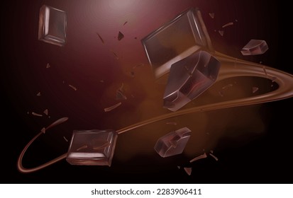 Chocolate salpicado en el medio aislado sobre fondo de color sólido, Vector realista en ilustración 3d.