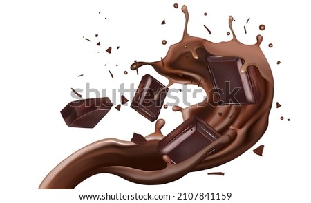 Chocolate splashing in the middle isolated on white background, Vector realistic in 3d illustration.