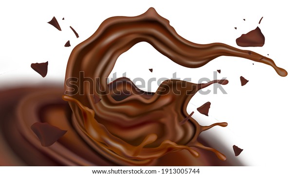 Chocolate splashing in the\
middle isolated on white background, Vector realistic in 3d\
illustration.