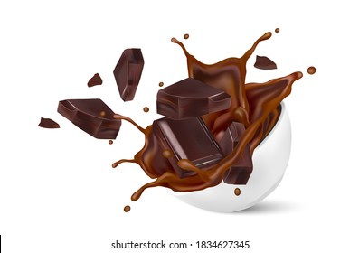 Chocolate splashing on white cup in the middle isolated on white background, Vector realistic in 3d illustration.