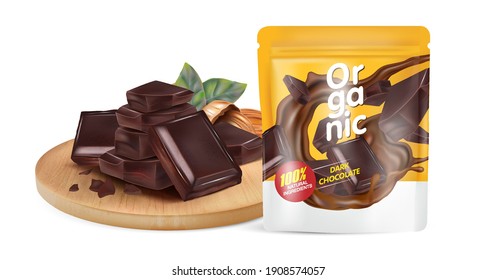 Chocolate splashing with Packaging in the middle isolated on white background, Vector realistic in 3d illustration.