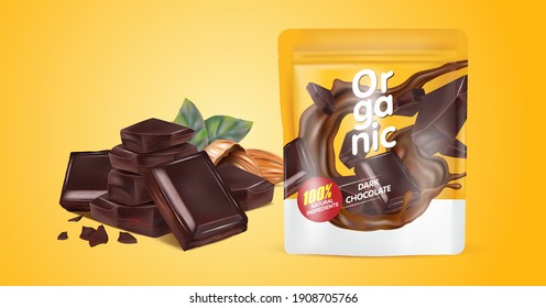 Chocolate splashing with Packaging in the middle isolated on solid color background, Vector realistic in 3d illustration.