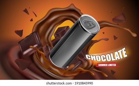 Chocolate splashing with packaging mock up in the middle isolated on solid color background, Vector realistic in 3d illustration.