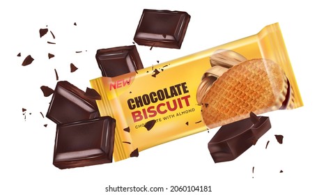 Chocolate splashing with packaging mockup in the middle isolated on white background, Vector realistic in 3d illustration.