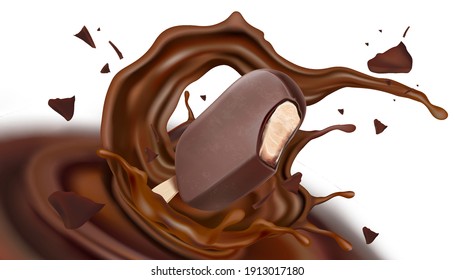 Chocolate splashing with chocolate popsicle in the middle isolated on white background, Vector realistic in 3d illustration.