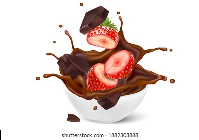 Chocolate splashing with Strawberry slice of pieces in the middle isolated on white background, Vector realistic in 3d illustration.
