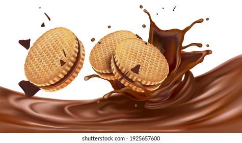 Chocolate splashing with Wafer cookies in the middle isolated on white background, Vector realistic in 3d illustration.