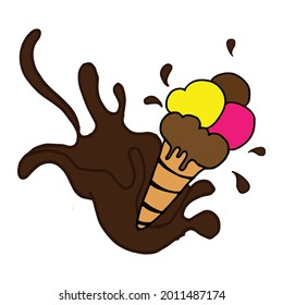 chocolate splatter with ice cream cone illustration on white background. hand drawn vector. sweet adn fresh symbol. doodle art for wallpaper, poster, banner, clipart, advertising, branding. chocolate