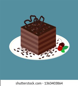 Chocolate sponge cake with cakes and cherries. Cocoa jelly cube and mint leaves. Vector illustration of a dessert on a plate in isometric style. Puff chocolate cake. For menu, pastry, game apps.