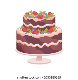 Pastel de esponja de chocolate en la mesa para cumpleaños o fiesta de aniversario de boda. Postre dulce de estampado decorado con crema y bayas, fresas. Ilustración vectorial plana aislada en fondo blanco