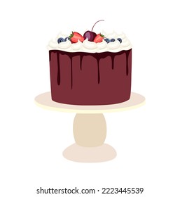 Chocolate sponge cake on plate for birthday or christmas party. Sweet dessert decorated with whipped cream and berries, strawberries and cherry. Flat vector illustration isolated on white background