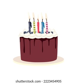 Pastel de esponja de chocolate con velas para la fiesta de cumpleaños. Postre dulce decorado con crema batida y cristal. Ilustración vectorial plana aislada en fondo blanco.