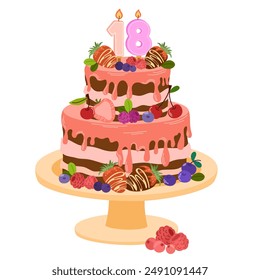 Pastel de esponja de chocolate en el plato para cumpleaños o fiesta de aniversario de boda. Postre dulce en capas decorado con crema y bayas, fresas. Ilustración vectorial plana aislada sobre fondo blanco