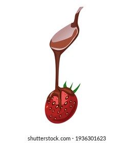 Chocolate in a spoon poured over strawberries.Vector illustration isolated on white background.