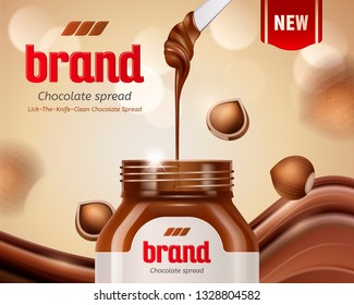 Chocolate spread ads with hazelnut and dripping paste in 3d illustration