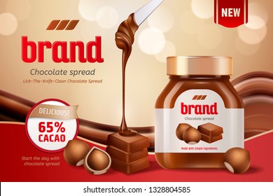 Chocolate spread ads with hazelnut and smear paste in 3d illustration