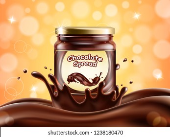 Chocolate spread ads with splashing  on glitter bokeh background. Vector illustration