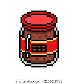 Chocolate spread in a glass jar, pixel art food icon on white background. Old school retro 80's, 90's 8 bit slot machine, video game graphics. Nut paste. Breakfast dessert. Sauce, cream packaging.