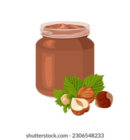 Chocolate spread with hazelnuts. Vector cartoon illustration of nougat cream in glass jar and heap of nuts.