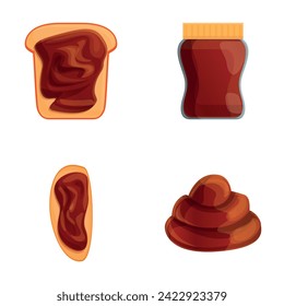 Chocolate spread icons set cartoon vector. Chocolate spread jar and sandwich. Sweet breakfast