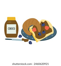Chocolate spread in illustration, bread slice with chocolate spread, blueberries and strawberries