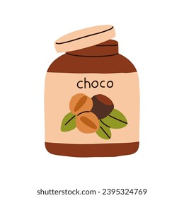 Chocolate spread in jar. Choco and hazelnut paste in bottle. Cocoa and nut cream, sweet sugar food in packaging. Tasty yummy dessert. Flat graphic vector illustration isolated on white background