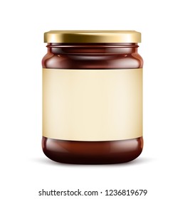 Chocolate spread in jar on white background. Vector illustration