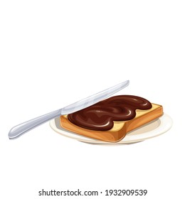 Chocolate spread on toast bread. Sweet breakfast chocolate cream with slice bread, vector illustration.
