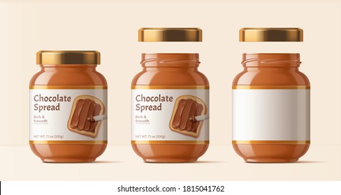 Chocolate spread package design, set of glass bottles isolated on beige background in 3d illustration