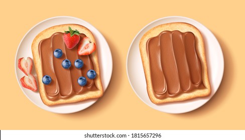 Chocolate spreading on two breads with blueberries and strawberry slices served in white plates over beige background in 3d illustration