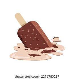 Dibujo vectorial de la caricatura de helado de palo de chocolate sobre fondo blanco. Pieza helada rota. El helado se cayó y se melló en el suelo. Estilo 3D.