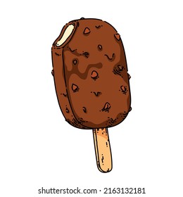 boceto de helado de palo de chocolate boceto de crema de mano vectorial paleta barra de vainilla, leche congelada, almendra mordida ilustración de la línea de color vintage