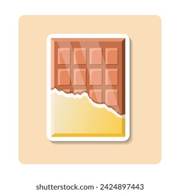 Chocolate sticker illustration. Bar, square, wrapper, open. Editable vector graphic design.