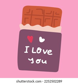 Chocolate. Sticker. Phrase - i love you. Hand drawn illustration on pink background.