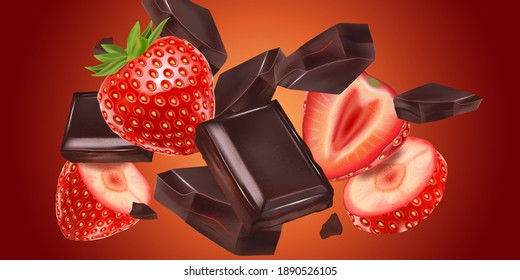 Chocolate with strawberries flying in the middle isolated on solid color background, Vector realistic in 3d illustration.