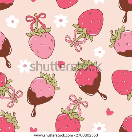 Chocolate Strawberries Seamless Pattern, Valentine Strawberry Digital Paper, Trendy Valentine Chocolate Fabric Design Vector