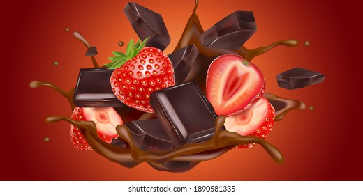 Chocolate with strawberries splashing in the middle isolated on solid color background, Vector realistic in 3d illustration.