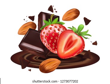 Chocolate and Strawberry, Almonds in the middle isolated on solid color background, Vector realistic in 3d illustration. Food concept.