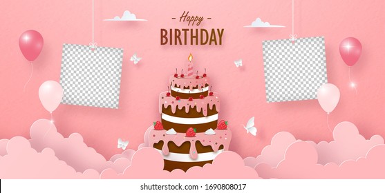 Chocolate Strawberry Cake With Balloon On Birthday Banner Card And Blank Photo Frame, Paper Cut Style