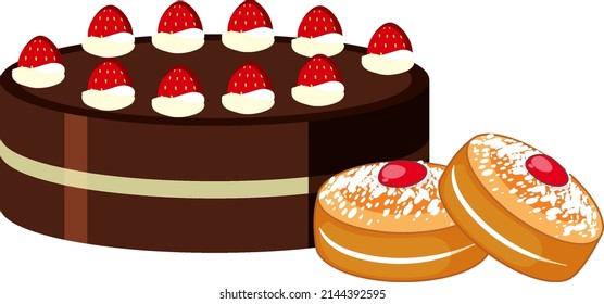 Chocolate strawberry cake and cookies illustration