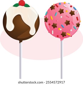 Chocolate and Strawberry Cake Pops with Vanilla Frosting, Cranberry and Colorful Sprinkle Toppings. Festive Treats Detailed Illustration 