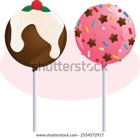Chocolate and Strawberry Cake Pops with Vanilla Frosting, Cranberry and Colorful Sprinkle Toppings. Festive Treats Detailed Illustration 