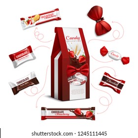 Chocolate strawberry flavored candies and biscuits in colorful foil wrappings varieties pack realistic advertising composition vector illustration