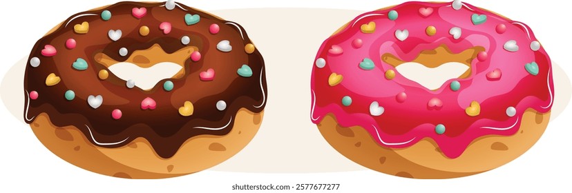 Chocolate and Strawberry Glazed Donuts with Colorful Sprinkles. Heart Doughnuts Detailed Illustration.