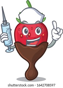 A chocolate strawberry hospitable Nurse character with a syringe