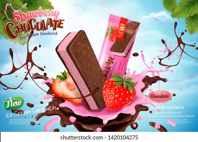 Chocolate strawberry ice cream ads with swirling sauce on blue sky background in 3d illustration