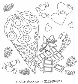 Chocolate and strawberry ice cream cone coloring page, Vanilla ice cream in a waffle cone coloring page, Pistachio colored ice cream cone coloring book, Ice cream, chocolate and lollipop coloring page
