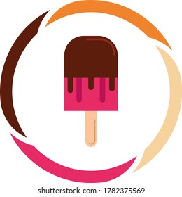 Chocolate strawberry ice cream or ice cream popsicle icon. white background with colors circle.